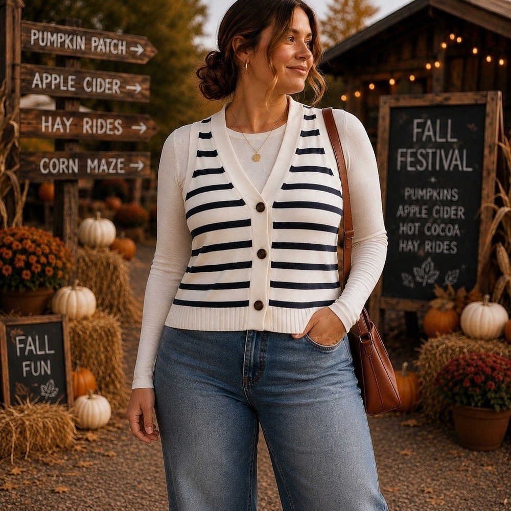 Ann Taylor Womens Sweater Vest Size XLP White Blue Striped Layering Knit Preppy